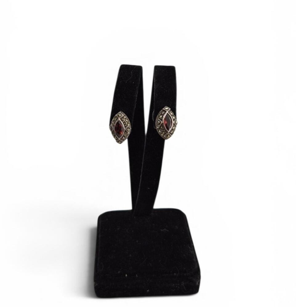 Vintage Sterling Silver Marcasite Red Stone Stud Earrings Signed